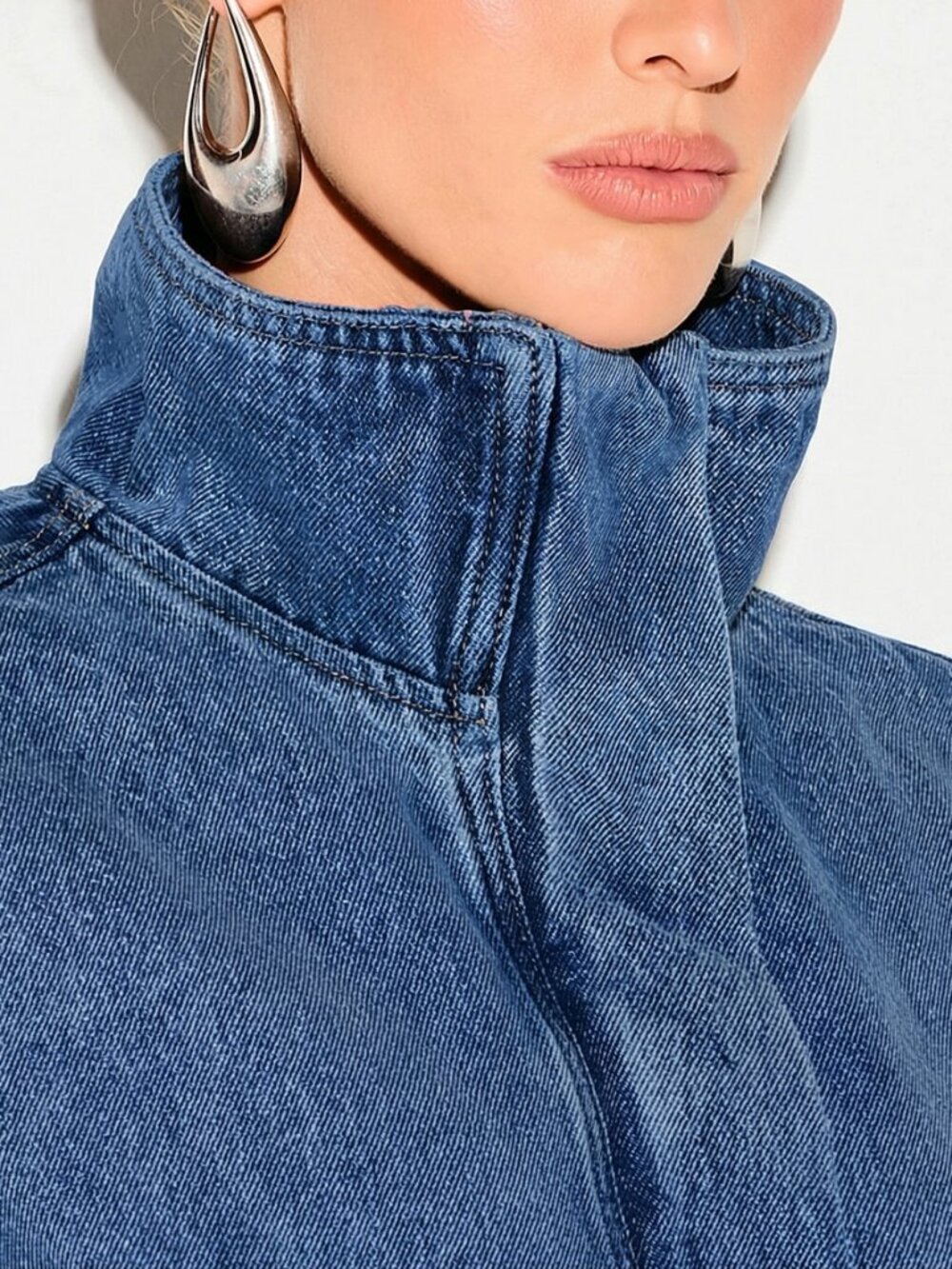 Blue Women's Funnel Neck Stand Collar Cropped Hem Oversized Denim Bomber jacket - Picture 4 of 5